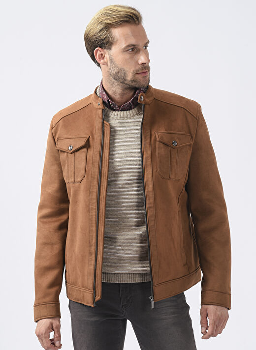Pierre Cardin Kahve Erkek Dik Yaka Slim Fit Deri Görünümlü Mont PCSE107 2