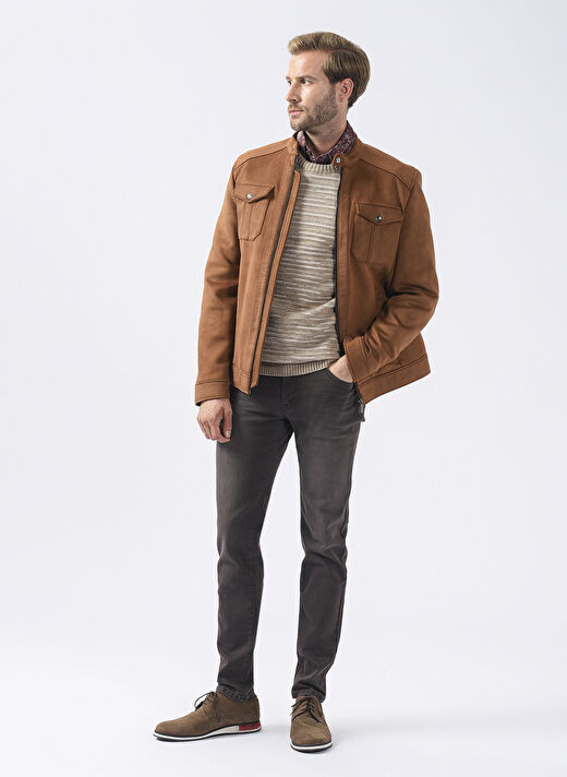Pierre Cardin Kahve Erkek Dik Yaka Slim Fit Deri Görünümlü Mont PCSE107 3