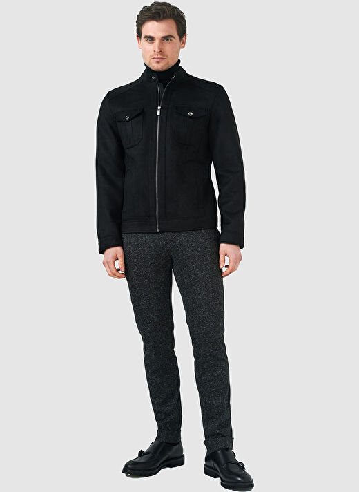 Siyah Erkek Dik Yaka Slim Fit Deri Mont PCSE107 2