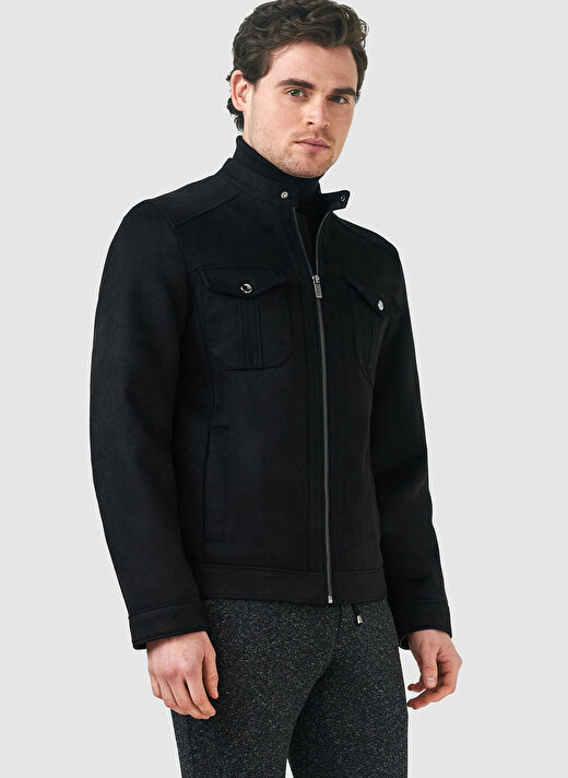 Siyah Erkek Dik Yaka Slim Fit Deri Mont PCSE107 3
