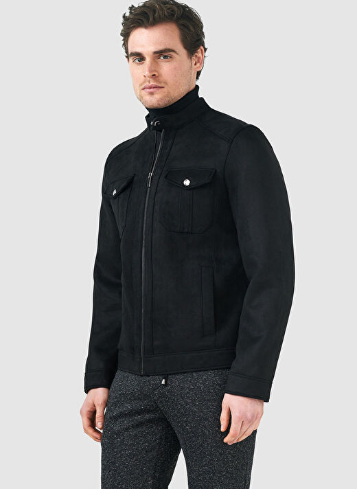 Siyah Erkek Dik Yaka Slim Fit Deri Mont PCSE107 4