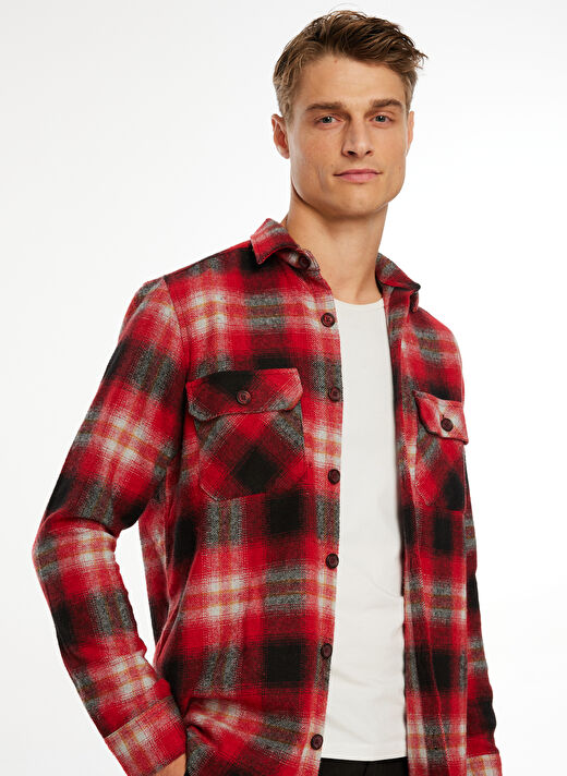 People By Fabrika Düğmeli Yaka Ekose Kırmızı Erkek Gömlek 88085a 1