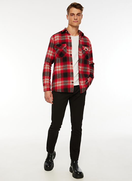 People By Fabrika Düğmeli Yaka Ekose Kırmızı Erkek Gömlek 88085a 2