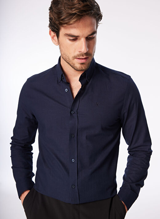 Fabrika Lacivert Erkek Düğmeli Slim Fit Armürlü Gömlek SALTY 1
