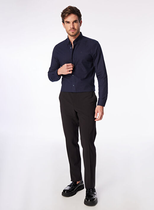 Fabrika Lacivert Erkek Düğmeli Slim Fit Armürlü Gömlek SALTY 3