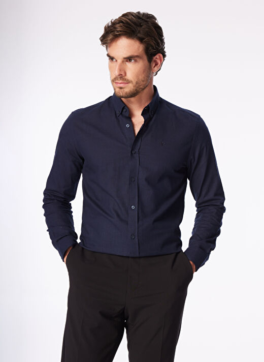 Fabrika Lacivert Erkek Düğmeli Slim Fit Armürlü Gömlek SALTY 4