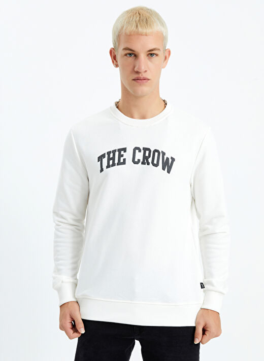 The Crow Bisiklet Yaka Koyu Beyaz Erkek Sweatshırt TC1902BASKILI 3