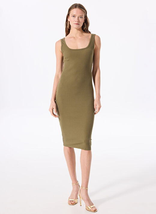 Fabrika Haki Kadın Kolsuz Midi Basic Fitilli Kare Yaka Elbise MARSE 1