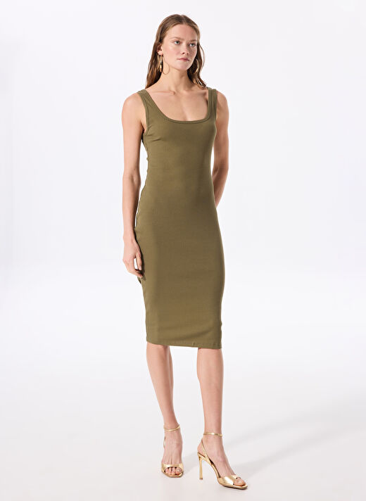 Fabrika Haki Kadın Kolsuz Midi Basic Fitilli Kare Yaka Elbise MARSE 2