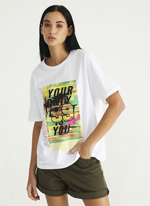 Fabrika Sports Bisiklet Yaka Baskılı Beyaz Kadın T-Shirt S-SUMERE 2