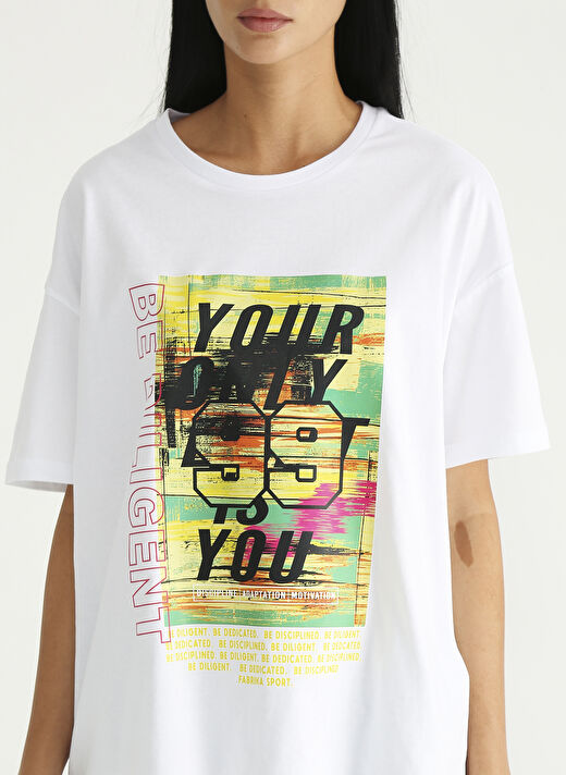 Fabrika Sports Bisiklet Yaka Baskılı Beyaz Kadın T-Shirt S-SUMERE 4