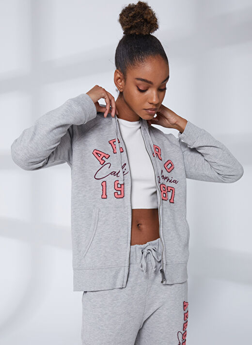 Aeropostale Kapüşon Yaka Nakışlı Gri Melanj Kadın Sweatshırt K-3146 2
