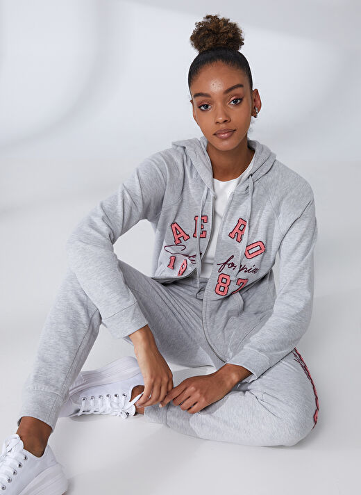 Aeropostale Kapüşon Yaka Nakışlı Gri Melanj Kadın Sweatshırt K-3146 4