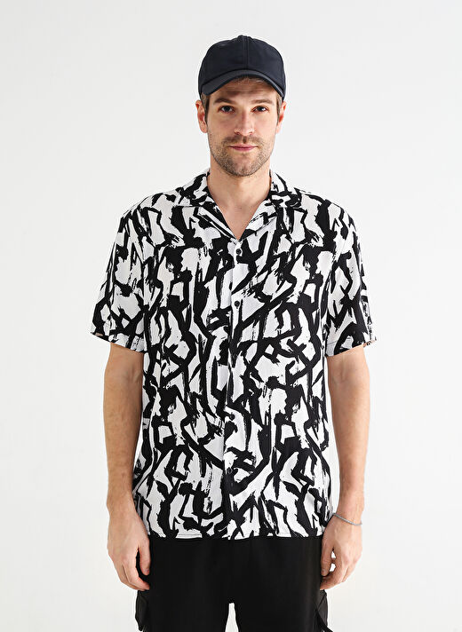 Black On Black Loose Fit Gömlek Yaka Desenli Siyah - Beyaz Erkek Gömlek E-KAIEN 3