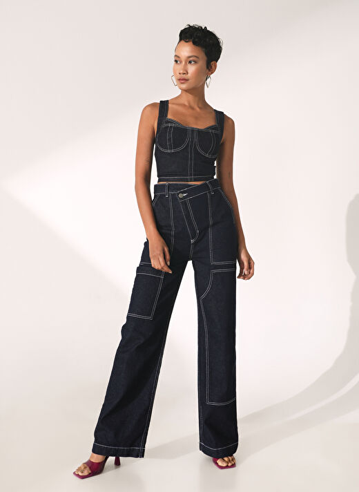 Didem Soydan X Fabrika Yüksek Bel Geniş Paça Geniş Fit Koyu İndigo Kadın Denim Pantolon D207 2