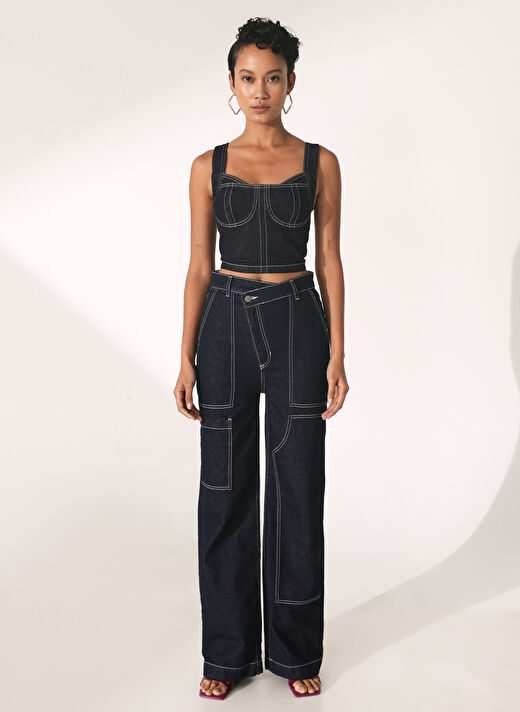 Didem Soydan X Fabrika Yüksek Bel Geniş Paça Geniş Fit Koyu İndigo Kadın Denim Pantolon D207 3