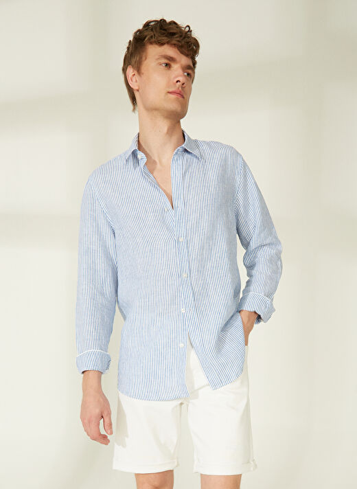 Guess Dar Mavi Düz Erkek Gömlek M3GH29WFA00_LS NAUTICAL STRIPE L - 3