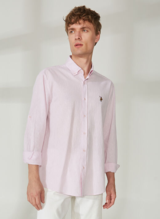 U.S. Polo Assn. Comfort Fit Düğmeli Yaka Pembe Erkek Gömlek MUBUS 2