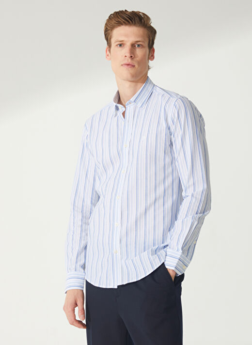 Beymen Business Slim Fit Düğmeli Yaka Beyaz - Mavi Erkek Gömlek 4B2023200024 2