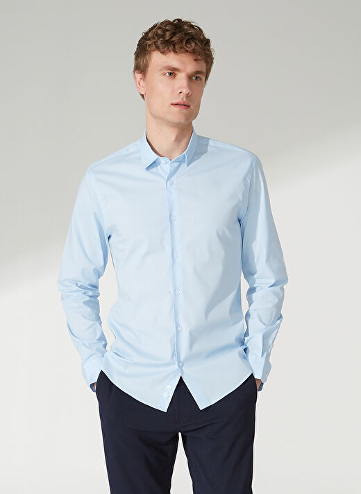 People By Fabrika Slim Fit Klasik Gömlek Yaka Düz Mavi Erkek Gömlek 23GM09 1