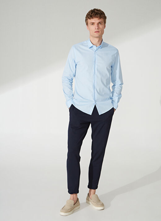 People By Fabrika Slim Fit Klasik Gömlek Yaka Düz Mavi Erkek Gömlek 23GM09 2