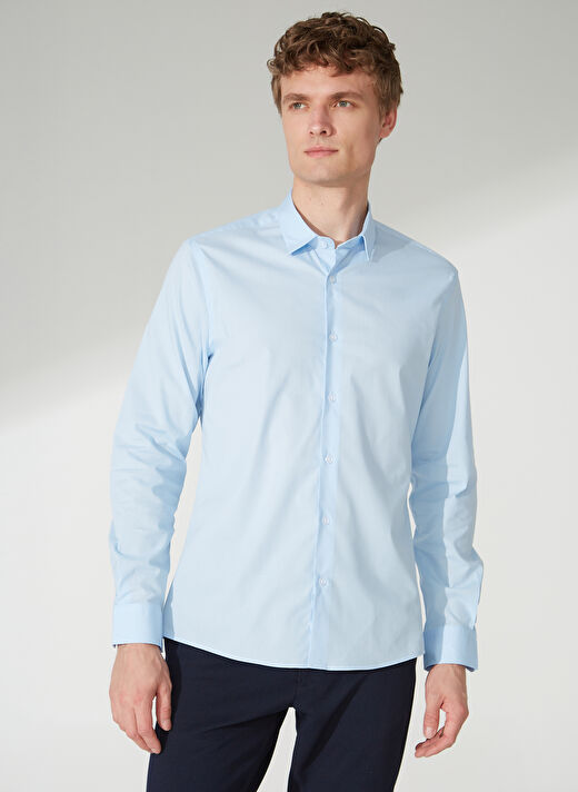 People By Fabrika Slim Fit Klasik Gömlek Yaka Düz Mavi Erkek Gömlek 23GM09 3