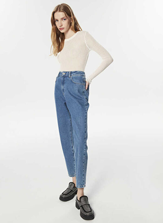 Twist Yüksek Bel Boru Paça Mom Fit İndigo Kadın Denim Pantolon T00000018016629 3