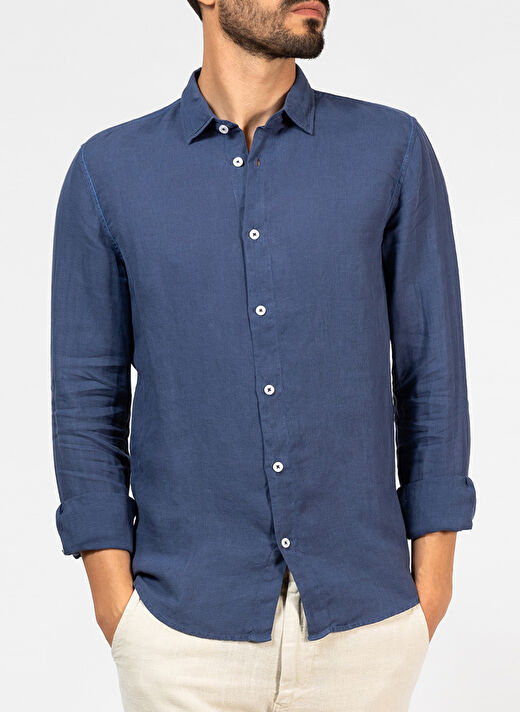 Mr. Mood Standart Düğmeli Yaka Lacivert Erkek Gömlek Mr Linen Shirt 1