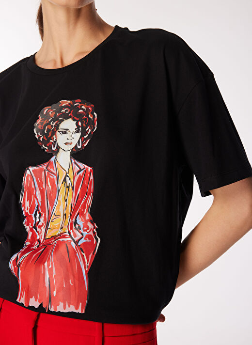 Fabrika Bisiklet Yaka Baskılı Siyah Kadın T-Shirt F3WL-TST3 4