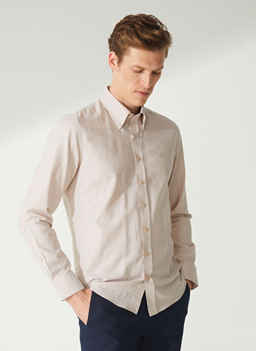Beymen Business Slim Fit Düğmeli Yaka Bej Erkek Gömlek 4B2000000051 2