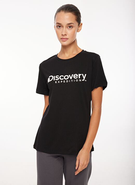 Discovery Expedition Siyah Kadın Bisiklet Yaka Relaxed Fit Baskılı T-Shirt D3WL-TST1 2