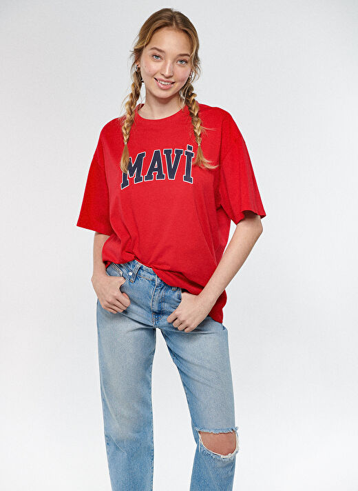 Mavi Bisiklet Yaka Baskılı Kırmızı Kadın T-Shirt M1600843-82054 MAVİ BASKILI TİŞÖRT 2