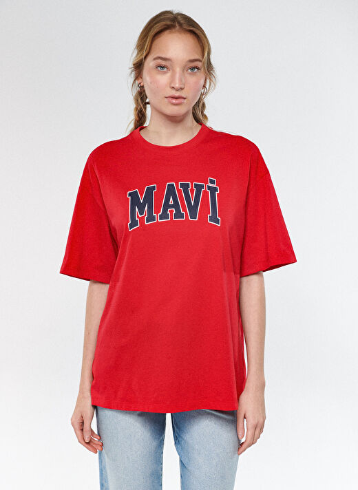 Mavi Bisiklet Yaka Baskılı Kırmızı Kadın T-Shirt M1600843-82054 MAVİ BASKILI TİŞÖRT 3