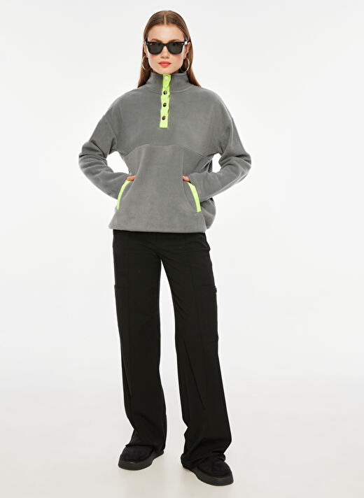 People By Fabrika Çıtçıtlı Yaka Düz Gri Kadın Sweatshırt FW23-POLAR-04 2