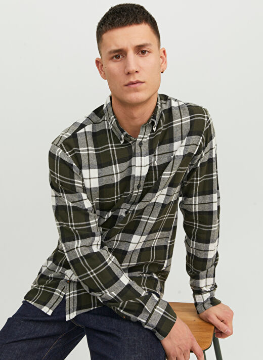 Jack & Jones Slim Fit Yeşil Düz Erkek Gömlek JJECLASSIC AUTUMN CHECK SHIRT LS SN 4