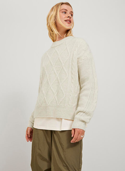 JJXX Bisiklet Yaka Rahat Baklava Desenli Kırık Beyaz Kazak Kadın JXFRIGGA CREW NECK KNIT 3