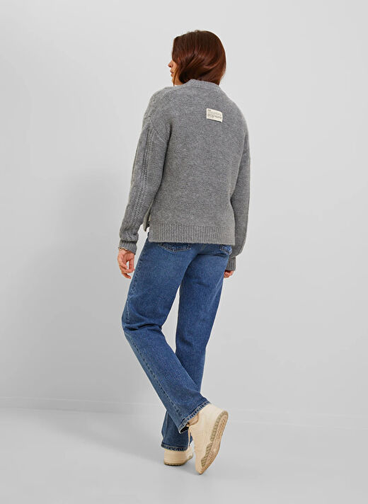 JJXX Bisiklet Yaka Rahat Baklava Desenli Gri Kazak Kadın JXFRIGGA CREW NECK KNIT 2