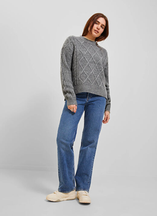 JJXX Bisiklet Yaka Rahat Baklava Desenli Gri Kazak Kadın JXFRIGGA CREW NECK KNIT 3
