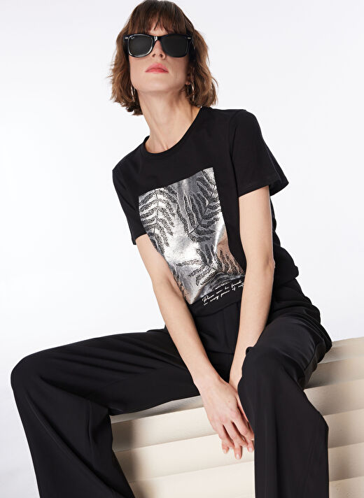 Fabrika Siyah Kadın Bisiklet Yaka Basic T-Shirt F4SL-TST0289 4