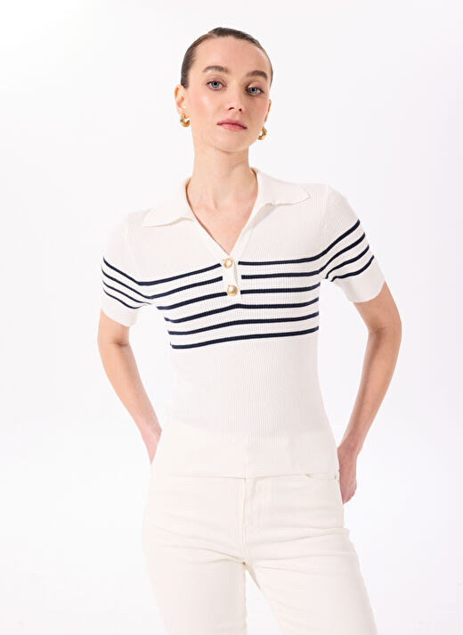 Fabrika Polo Yaka Basic Çizgili Ekru - Lacivert Kazak Kadın F4SL-KZK0500 3