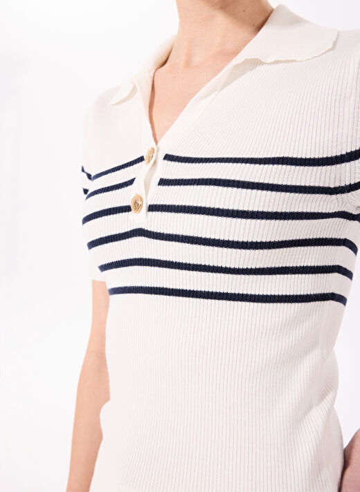Fabrika Polo Yaka Basic Çizgili Ekru - Lacivert Kazak Kadın F4SL-KZK0500 4