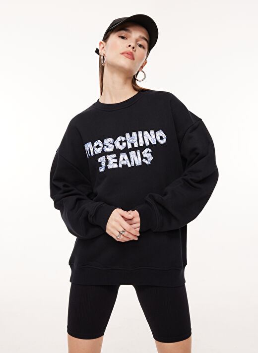 Moschino Jeans Bisiklet Yaka Baskılı Siyah Kadın Sweatshırt A1703 1