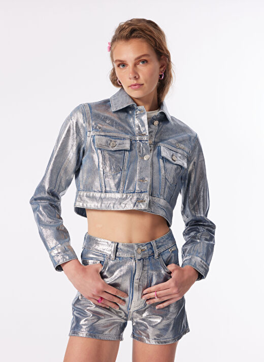 Barbie İndigo Kız Çocuk Crop Varaklı Denim Ceket BRB4SL-CKT6072  2
