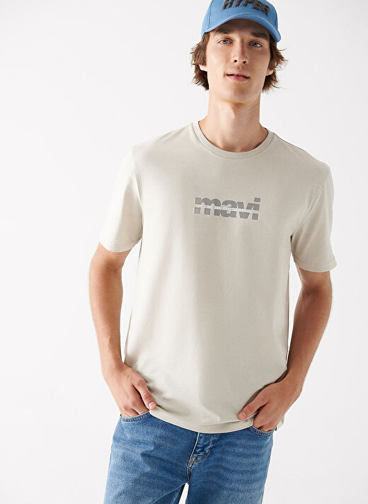 Mavi Düz Yaka Baskılı Bej Erkek T-Shirt M0610943-70144_MAVİ BASKILI TİŞÖRT 2