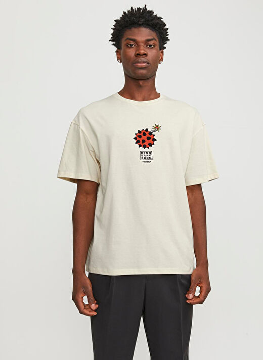Jack & Jones Bisiklet Yaka Krem Erkek T-Shirt JORBLOCKPOP TEE SS CREW NECK TG LN 1