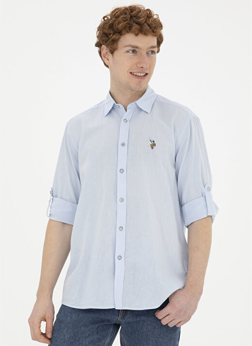 U.S. Polo Assn. Comfort Fit Düğmeli Yaka Açık Mavi Erkek Gömlek ENZO024Y 1