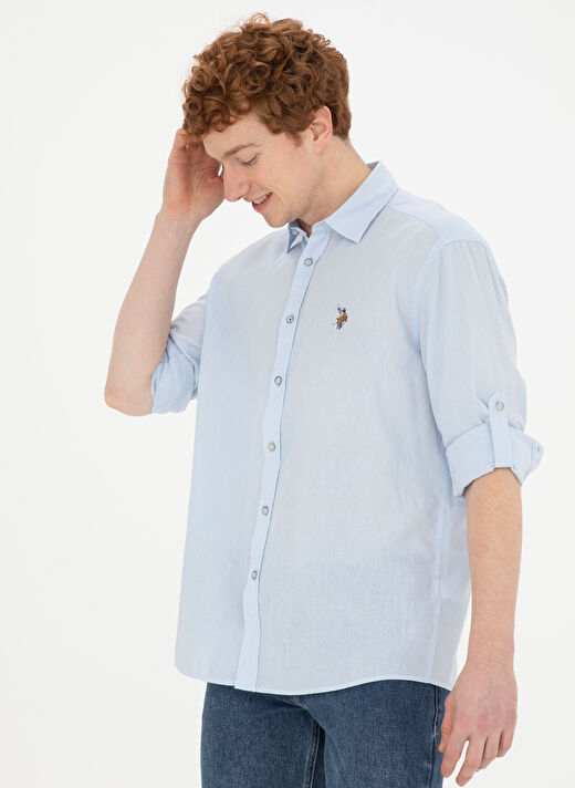 U.S. Polo Assn. Comfort Fit Düğmeli Yaka Açık Mavi Erkek Gömlek ENZO024Y 3