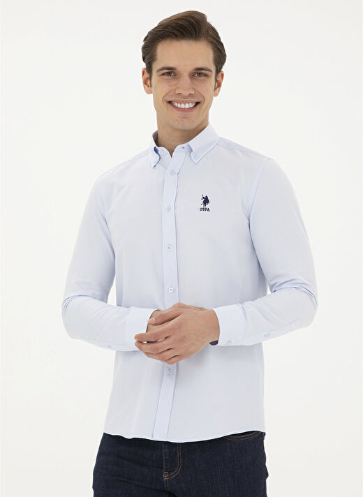 U.S. Polo Assn. Slim Fit Düğmeli Yaka Açık Mavi Erkek Gömlek GOX024Y 1