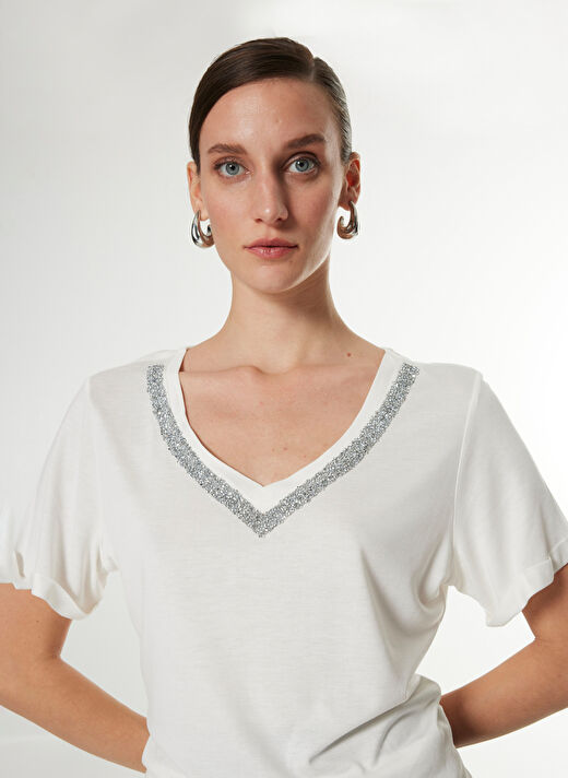 Fabrika Comfort Kırık Beyaz Kadın Basic Taşlı T-Shirt FC4WL-TST0117 3