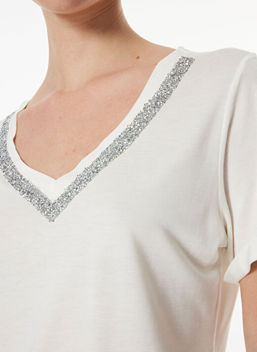 Fabrika Comfort Kırık Beyaz Kadın Basic Taşlı T-Shirt FC4WL-TST0117 4